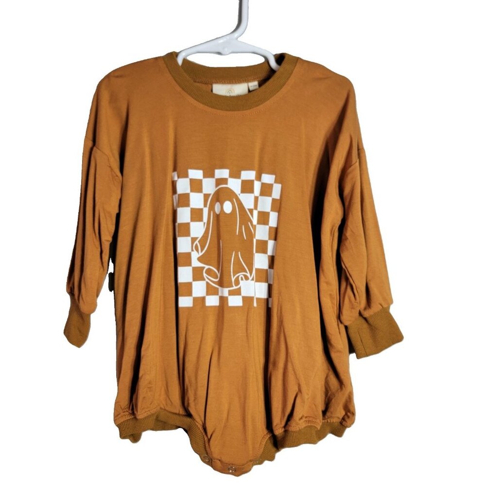 Little Joy Co. Terry Bamboo Ghost Bubble Romper 18-24m Oversized Brown Halloween